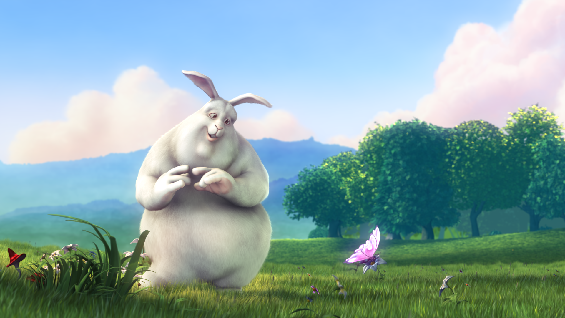 Poster for the Big Buck Bunny film, featuring the bunny character in a green field, along with a purple butterfly